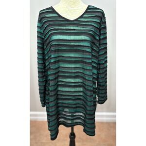 Ali Miles Long Sleeve Tunic Top‎ Green Gray Striped Textured Blouse 1X Boho Art